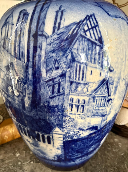 Live 08/28 Rare Antique Doulton Burslem England Extra Large Blue & White Transferware Vase | Late 1800s