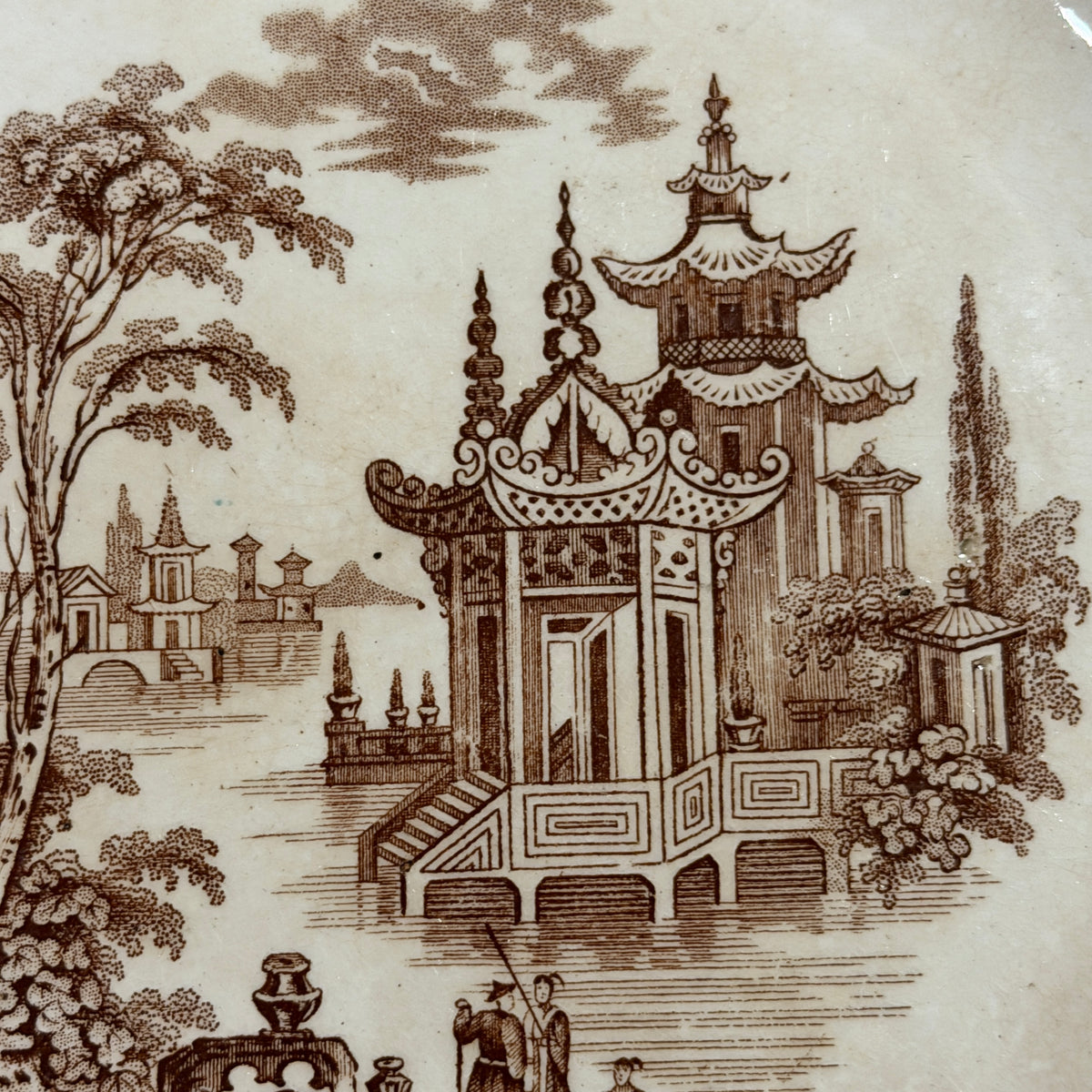 Antique brown willow   Pagoda plate by Madras plate 9.75d  19c