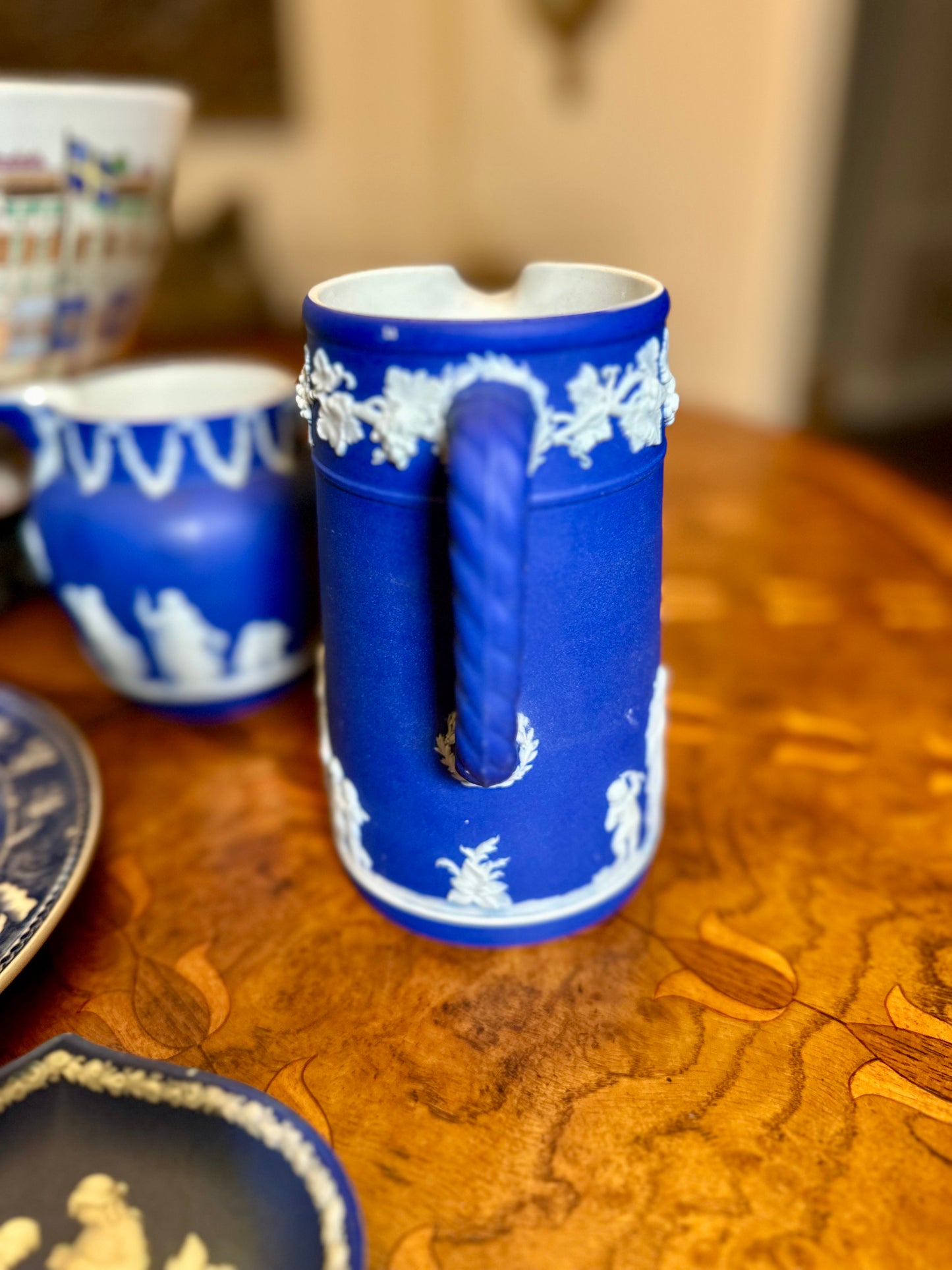 19th Century Antique Wedgwood Cobalt Blue Jasper Dip Pitcher – Classical Figures & Cherubs, c. 1868
