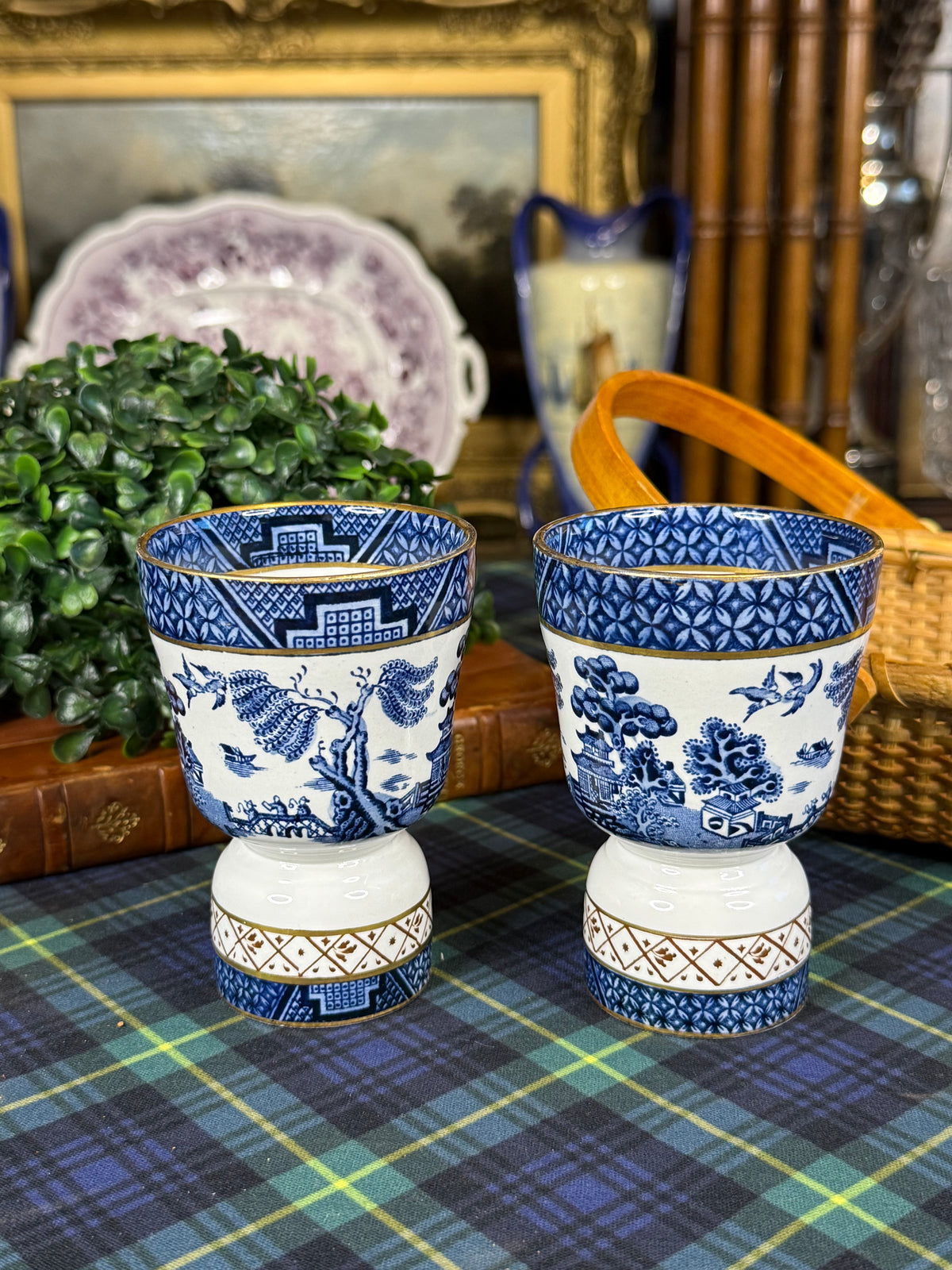 RESERVED - 320ELIZABETH - Vintage Booths Real Old Willow Blue & White Double Egg Cups with Gilt | Pair | England
