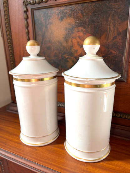 Pair of Antique French Porcelain Apothecary Jars with Portrait Medallions