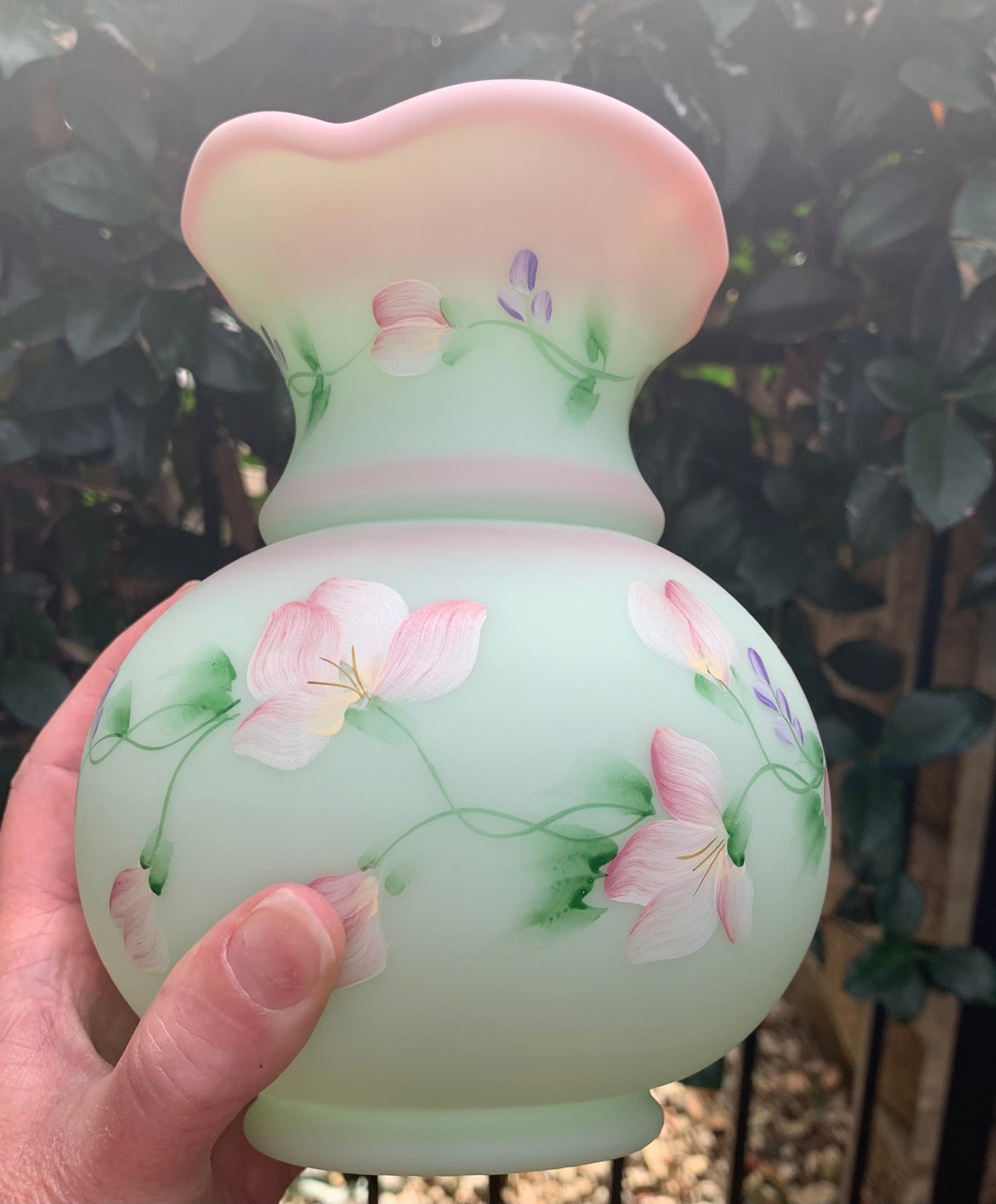 Beautiful Fenton signed and handpainted pink and green floral pitcher - Excellent condition!