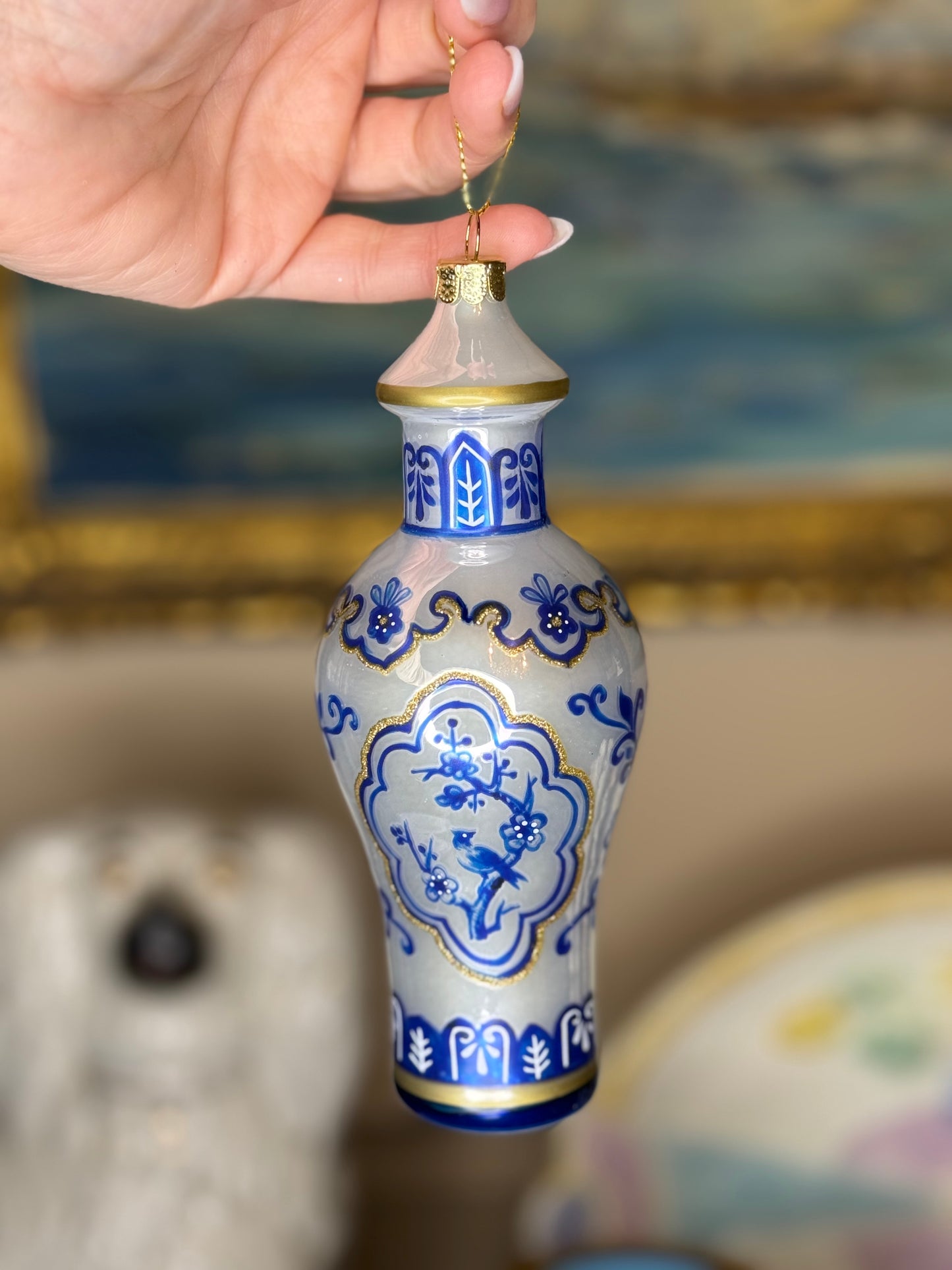 Blue & White Chinoiserie Glass Vase Christmas Ornament | Holiday Tree Decor | Style 1