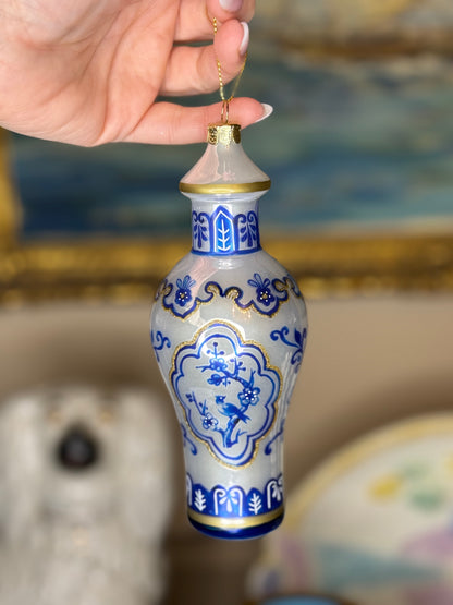 Blue & White Chinoiserie Glass Vase Christmas Ornament | Holiday Tree Decor | Style 1
