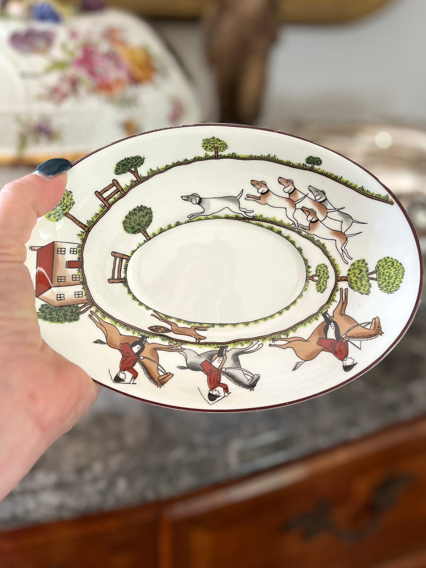 Live 08/04 Vintage Crown Staffordshire “Hunting Scene” Fine Bone China Gravy Boat with Underplate | England | Circa 1970s–1990s