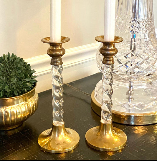 Pair (2) 9” Tall, vintage brass & lucite swirl candlestick holders - Excellent!