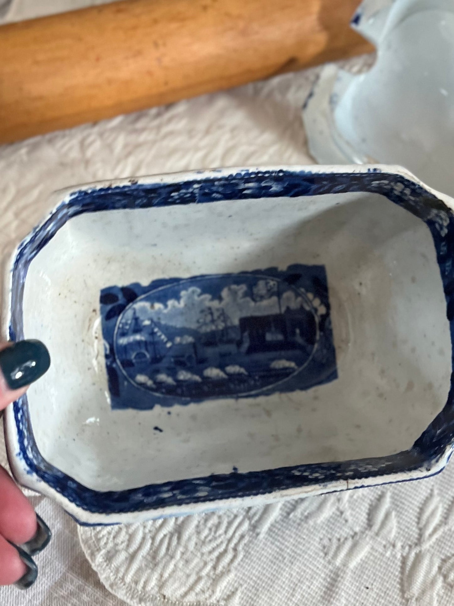 Live 08/04 Rare Historical Blue “Landing of General Lafayette” Covered Sauce Dish | Transfer-Printed Interior | Impressed Clews Warranted Stamp | Circa 1825 - Estate Collection