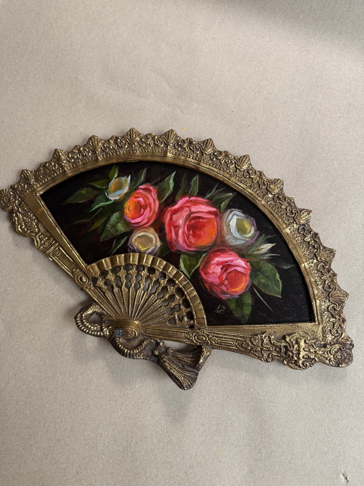 Bouquet of roses still life original oil painting in brass fan frame