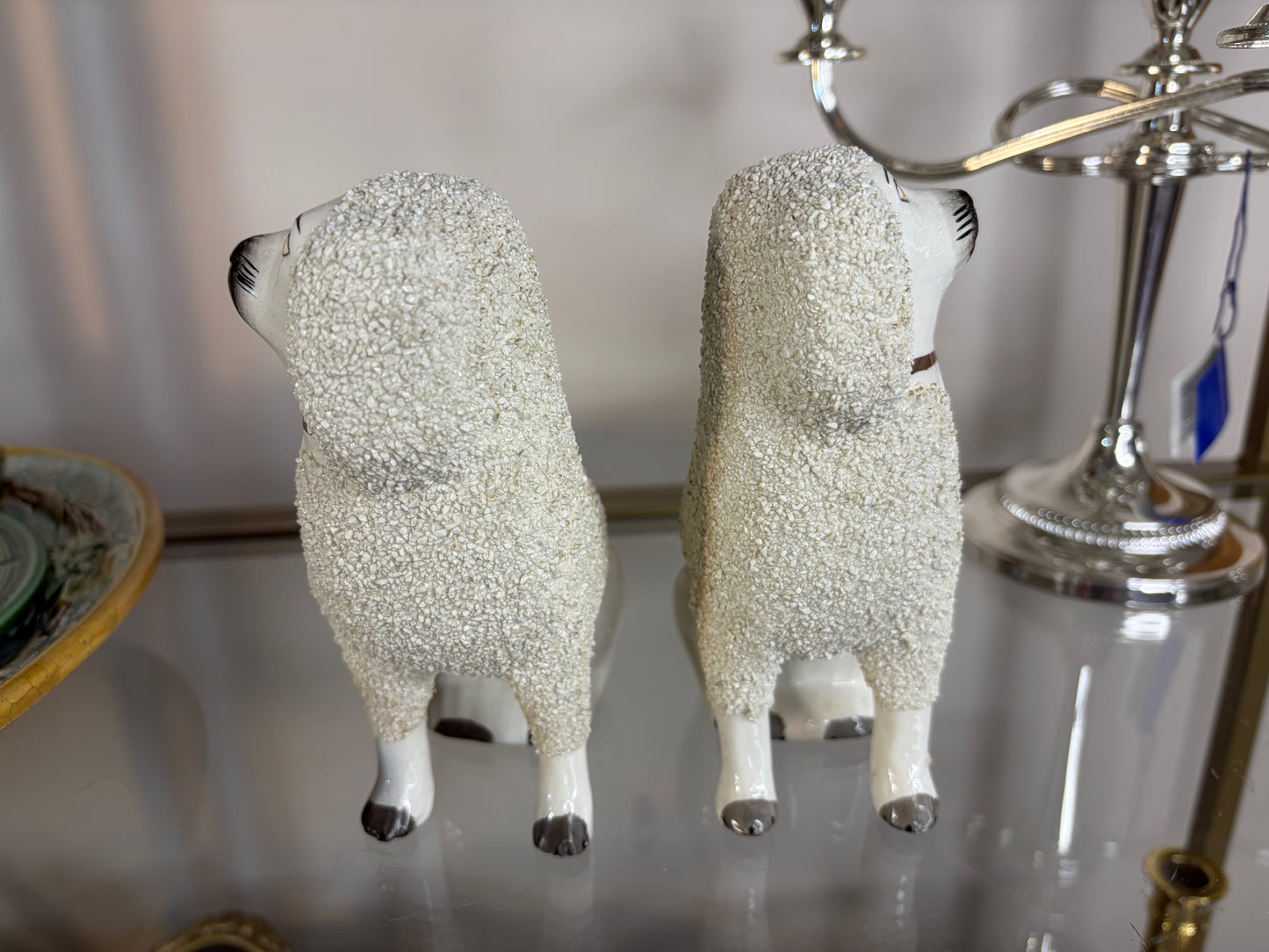 Antique Staffordshire Confetti Poodles with Separated Legs, Pair, 6.5” Tall, 19th Century