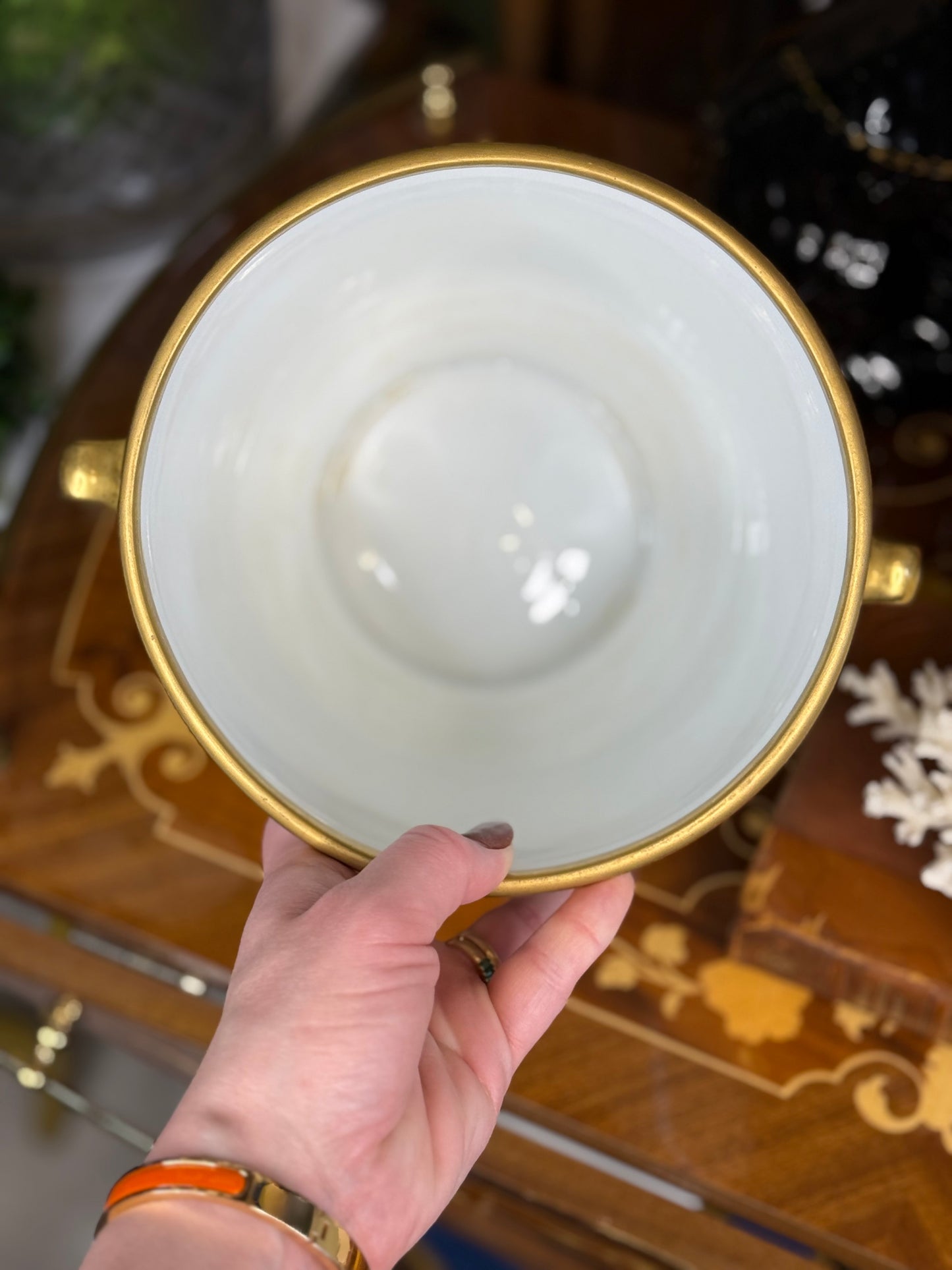 Pair of Green & Gold Porcelain Cachepots – 7” | Classic French-Style Planters