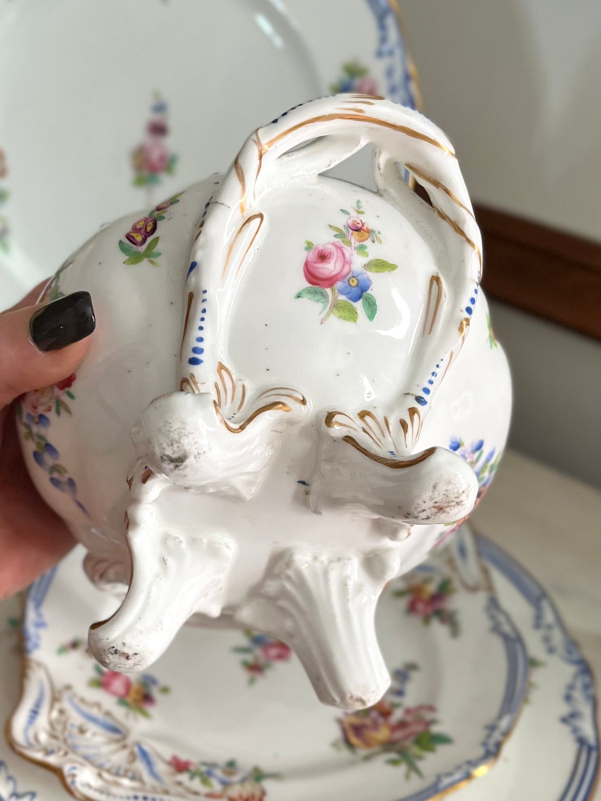 Live 09/20 Beautiful Antique French Old Paris Porcelain Five-Piece Sauce Tureen & Plate Set, c.1830–1850