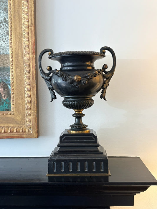 WCCR Charitable Item #133 | Pair of Neoclassical Style Patinated Bronze Urns on Marble Plinths | 12” x 9”