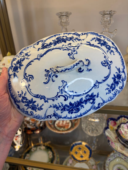 Stunning antique Ridgeways Royal Semi Porcelain lidded tureen in the Lorraine pattern, featuring intricate blue and white floral transferware and decorative side handles!