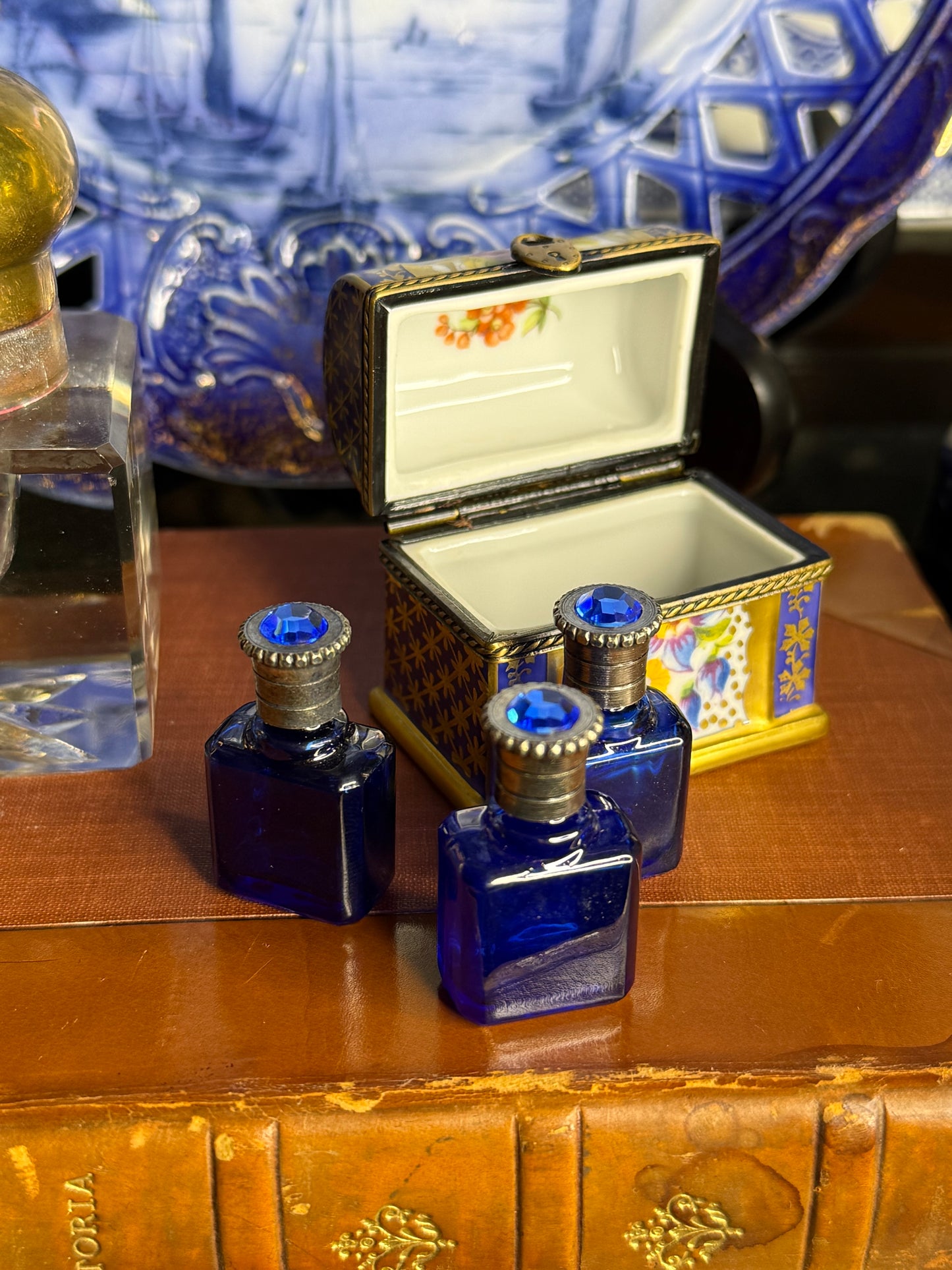 Vintage Limoges France Hand-Painted Porcelain Perfume Chest with 3 Cobalt Glass Bottles