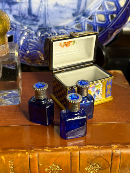 Vintage Limoges France Hand-Painted Porcelain Perfume Chest with 3 Cobalt Glass Bottles