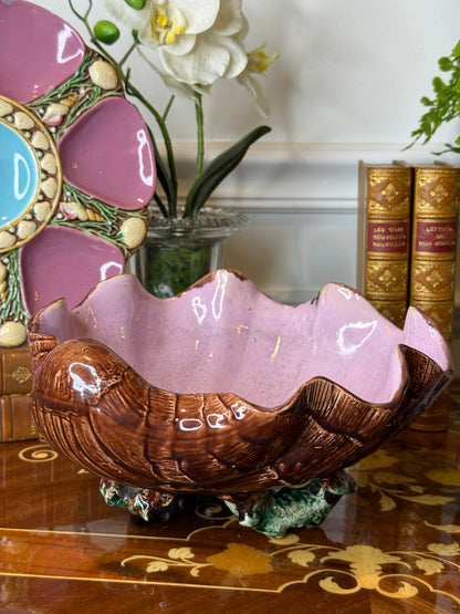 Antique French Majolica Oyster Shell Bowl | Pink Shell Form Centerpiece | 9” | Victorian Oyster Style