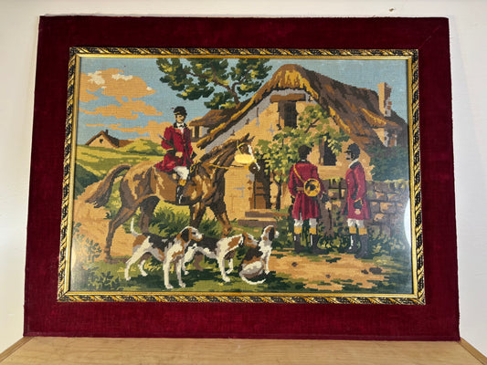 Stunning hunting scene needlepoint partially framed!