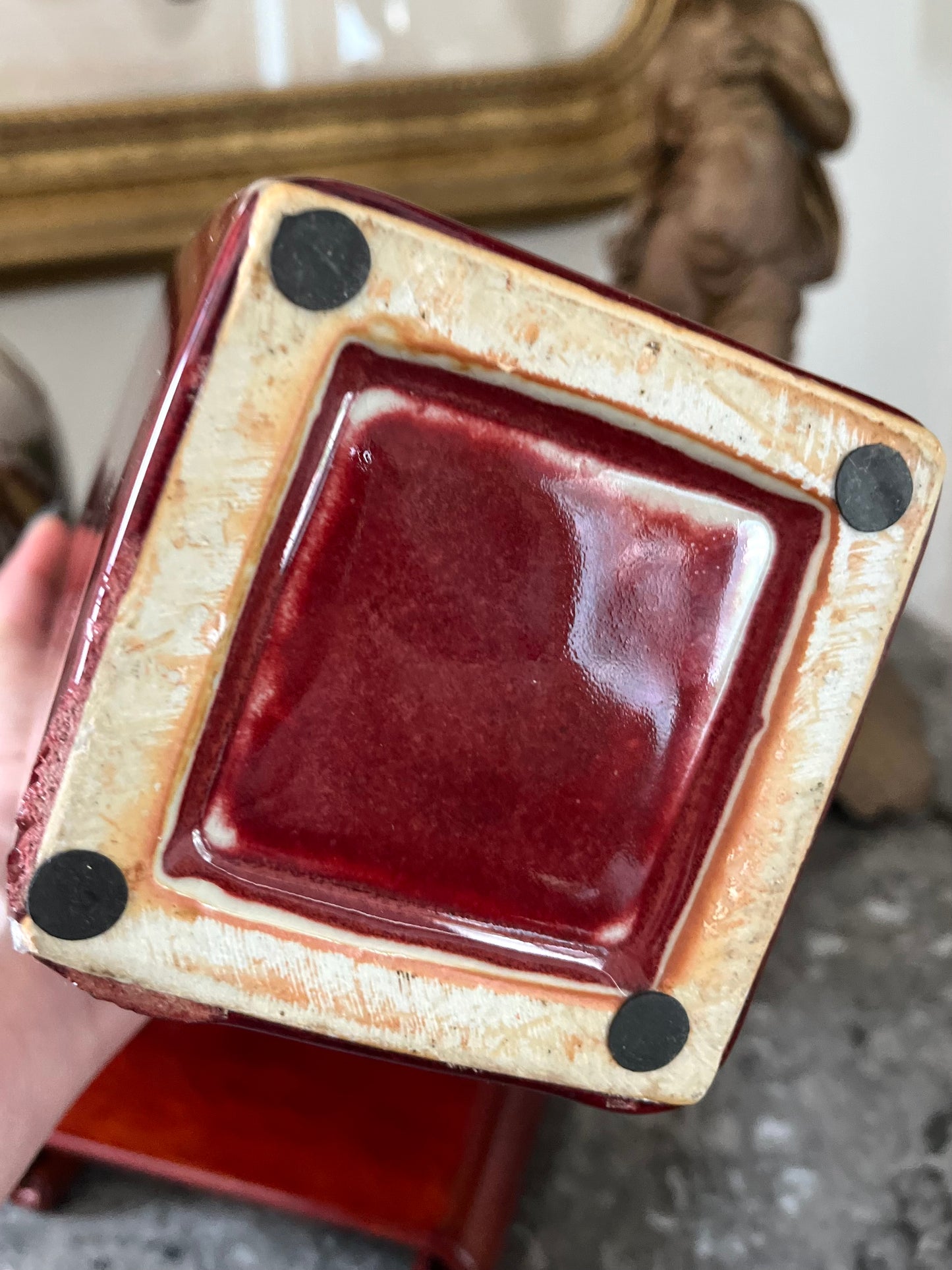 Live 07/21 Monumental Vintage Chinese Oxblood (Sang de Boeuf) Glazed Porcelain Vase on Hardwood Stand, 16”
