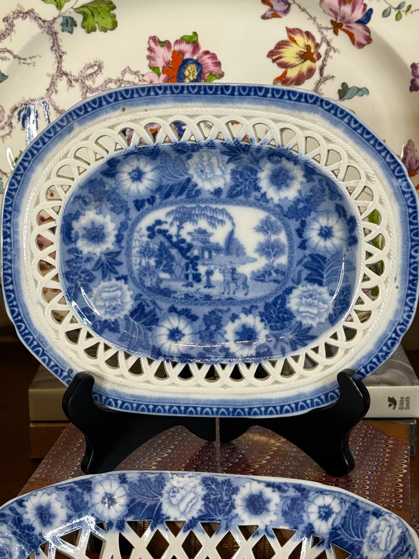 Antique Pearlware Blue & White Pierced Basket and Stand | c.1820 | Style DA4390