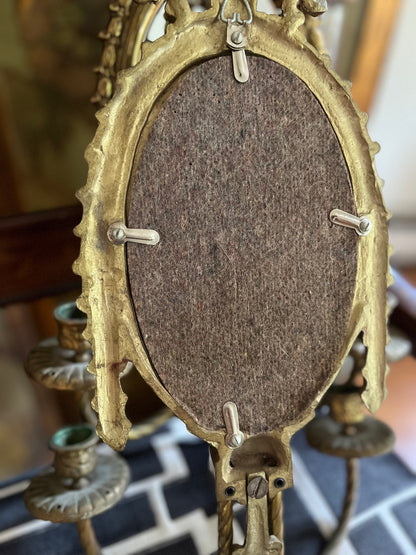 Live 08/11 Elegant Pair of Adam Style Neoclassical Gilt Brass Mirrored Wall Sconces Circa 1930s–1940s