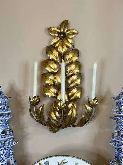 RESERVED - JILL HAYES - Vintage Italian Gilt Floral Three-Light Wall Candelabra | Tole Flower Sconce | 25” Tall