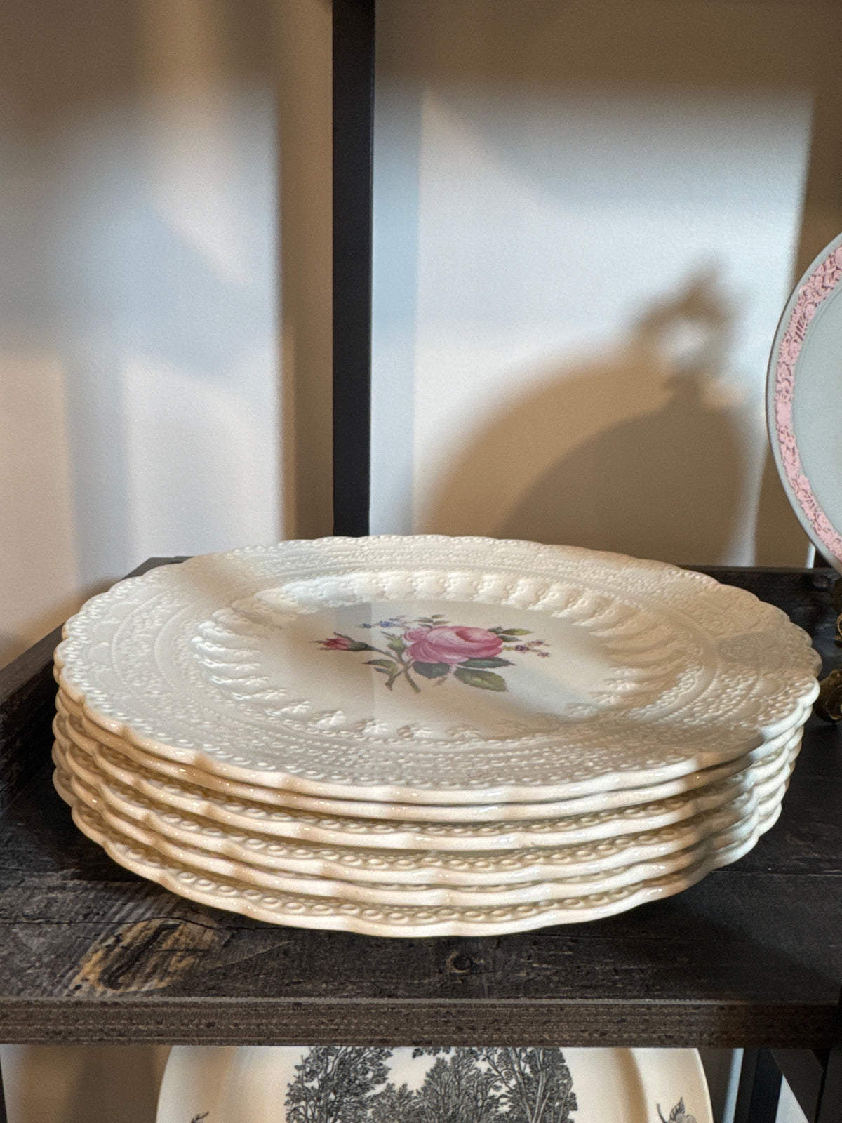 Set of Six Vintage Copeland Spode Jewel Billingsley Rose Dinner Plates