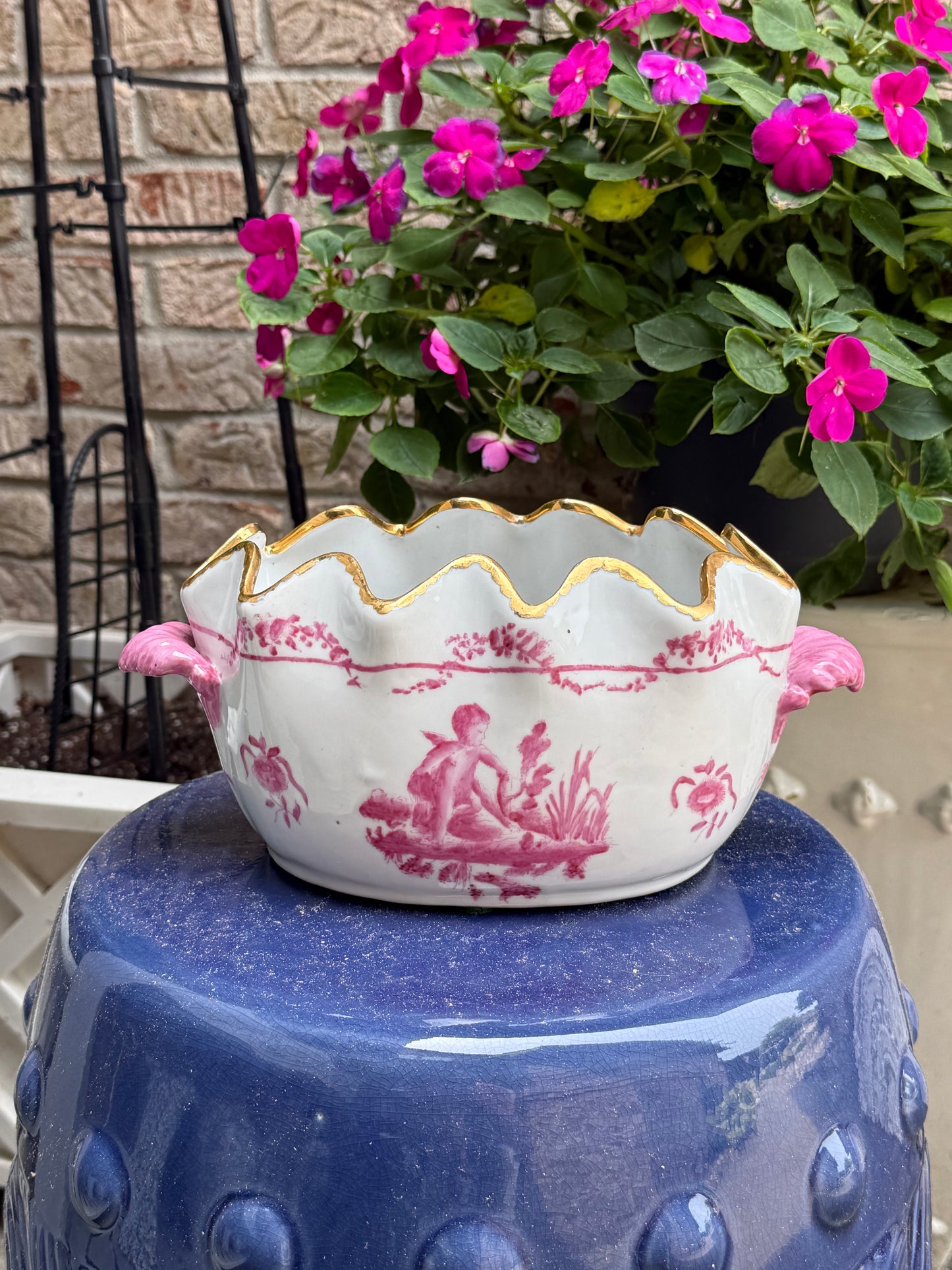 Vintage Pink Cherub Porcelain Basin W/ Scalloped Gilt Rim | 10”x6”