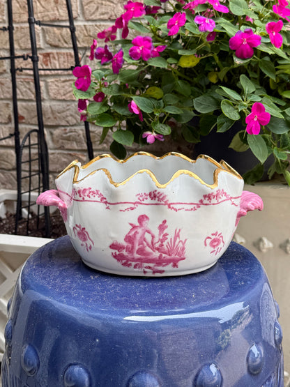 Vintage Pink Cherub Porcelain Basin W/ Scalloped Gilt Rim | 10”x6”