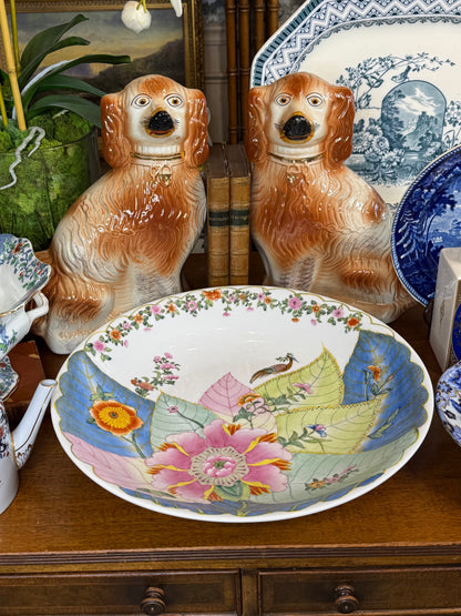 Vintage Chinese Tobacco Leaf Porcelain Charger | Famille Rose Bird & Floral Design | 16.5”
