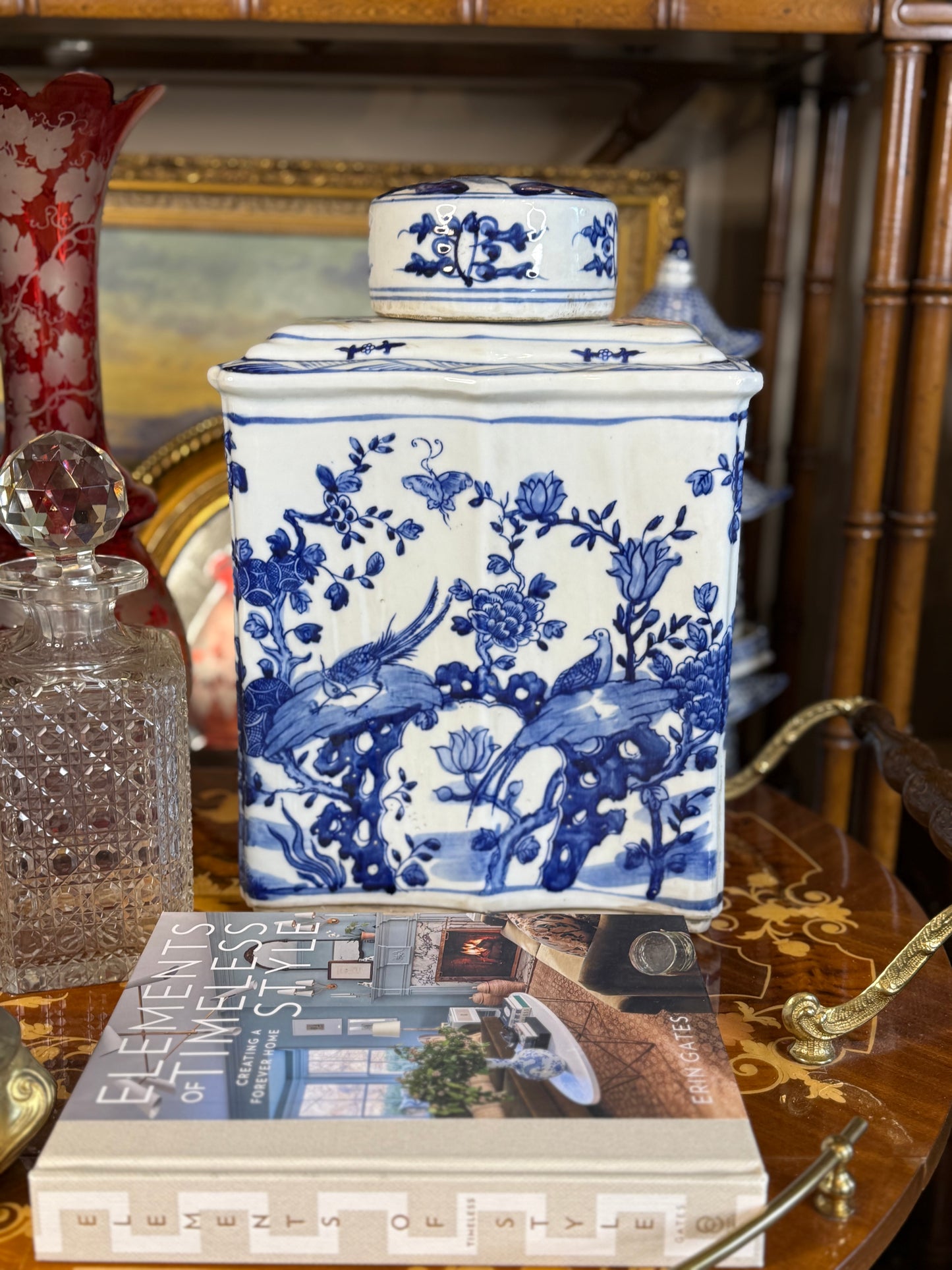 Danny’s Fine Porcelain | Rectangular Blue & White Porcelain Tea Jar with Landscape Scene, 10.5” L x 7.5” W x 14.75” H