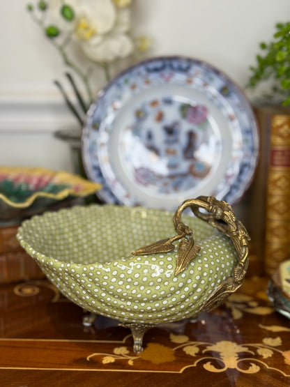 Danny’s Fine Porcelain Limited Edition Bronze Shell Footed Bowl | Olive Green Polka Dot Porcelain Centerpiece | 9”