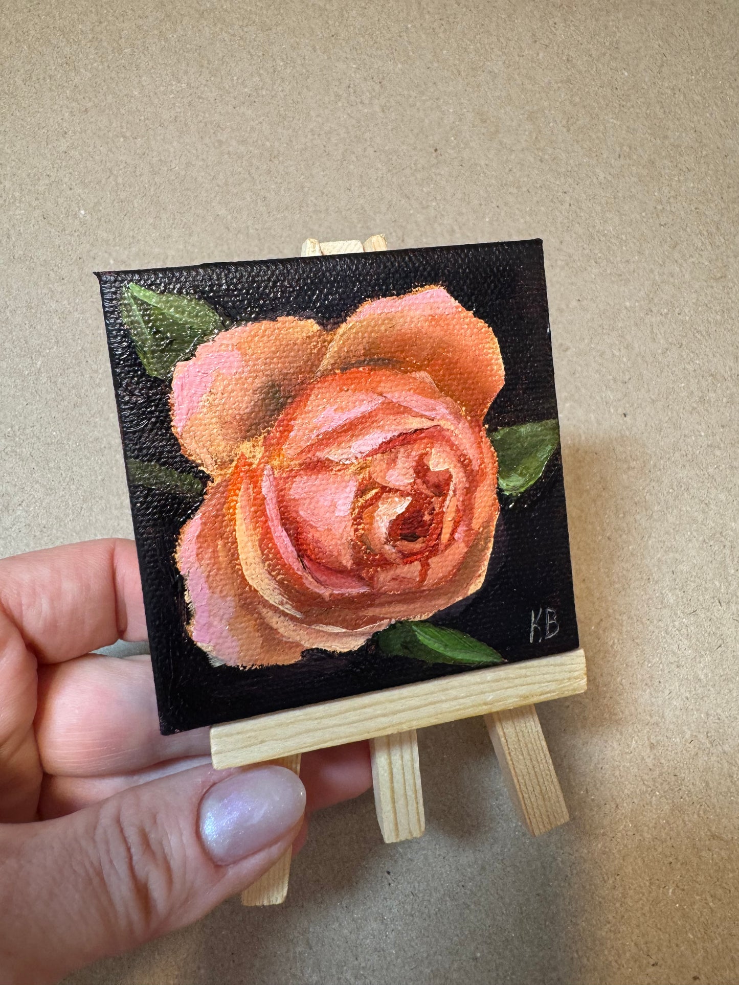 Live 06/19 mini art peachy rose original oil paintings on stretched canvas 3x3”