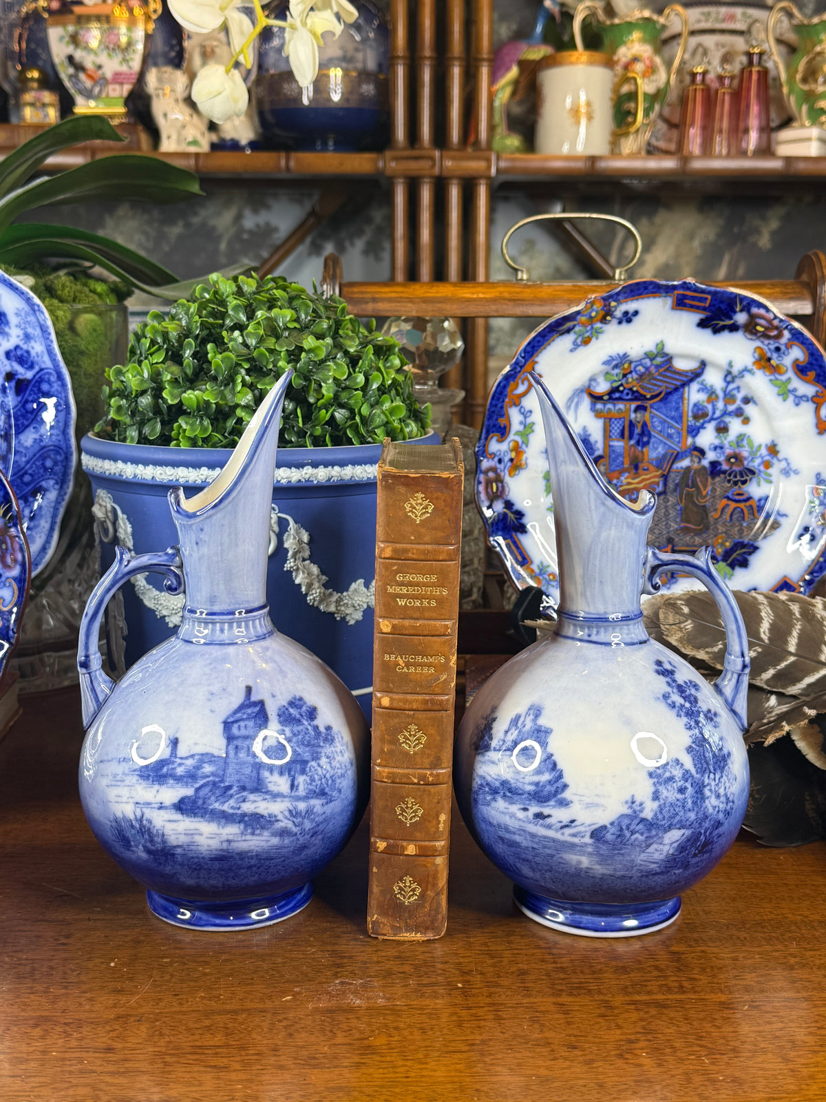 Pair of Keeling & Co. Blue & White Ship Ewers | 1886–1891 | 9"H x 15" Circumference | Style DA4502