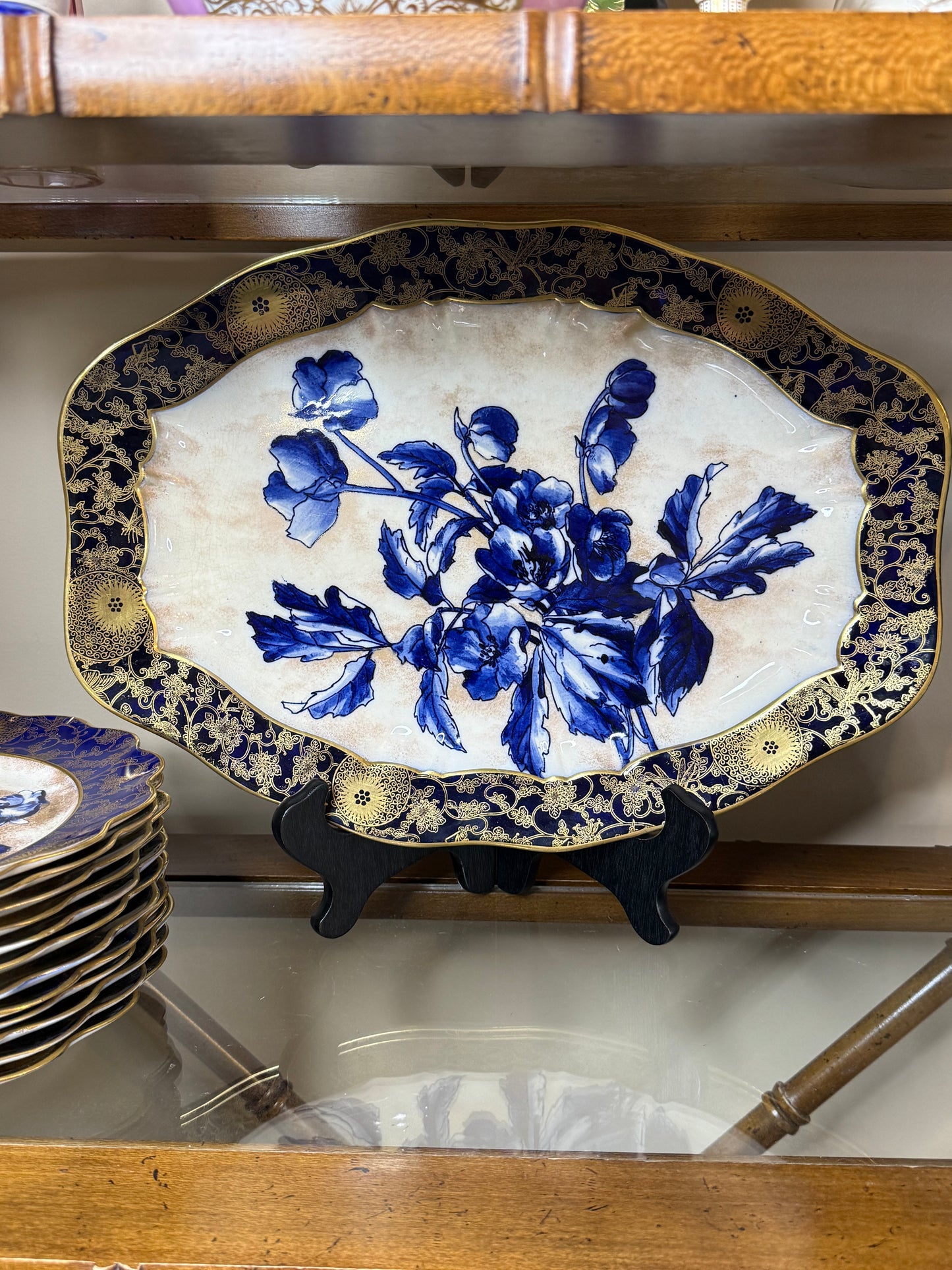 Antique Doulton Burslem “Blue Iris” Platter & (12) Scalloped 9.5”D Plates | England, c. 1890–1902