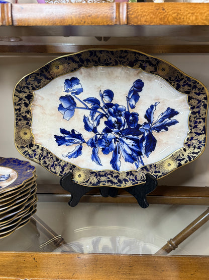 Antique Doulton Burslem “Blue Iris” Platter & (12) Scalloped 9.5”D Plates | England, c. 1890–1902