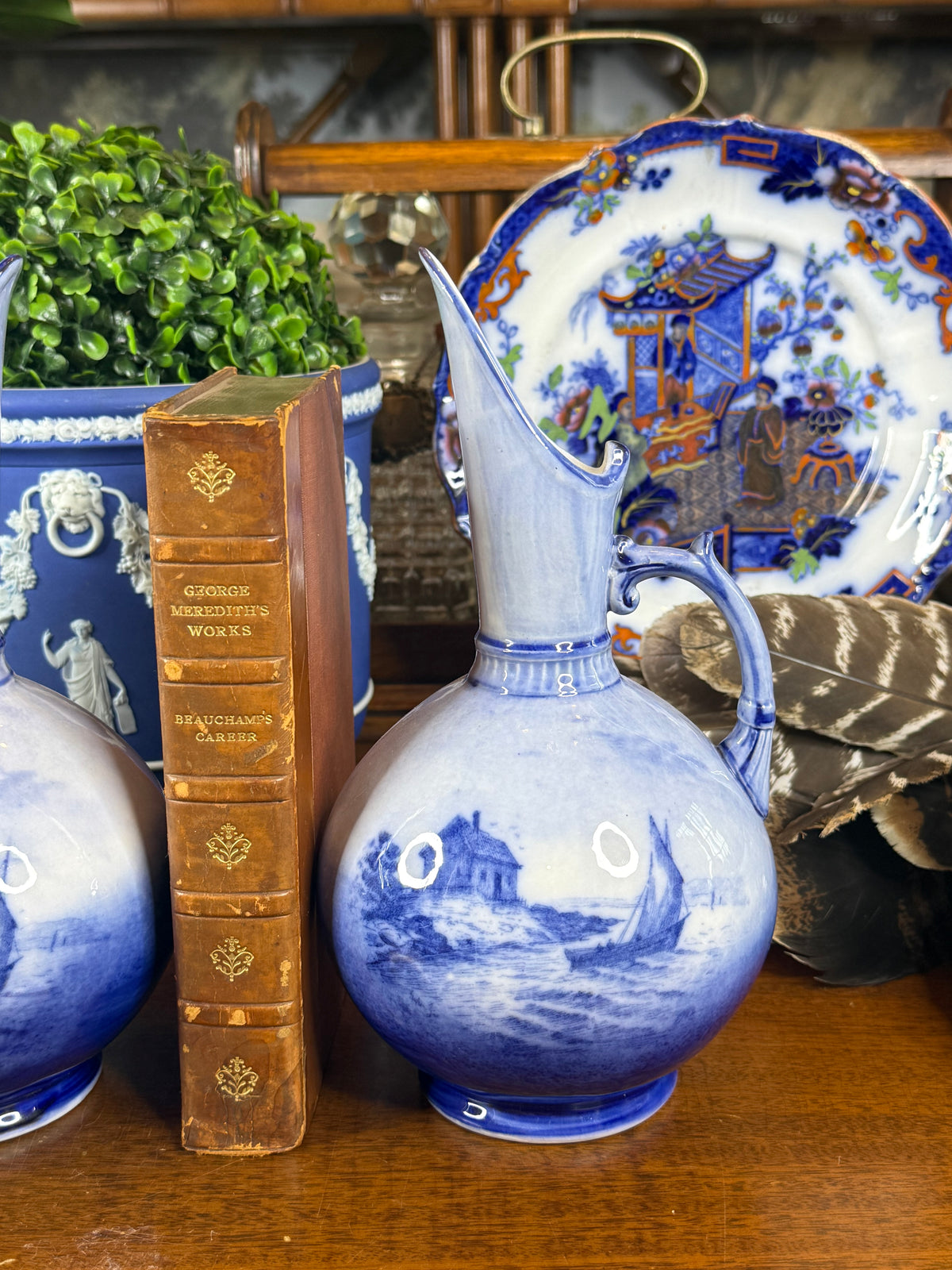 Pair of Keeling & Co. Blue & White Ship Ewers | 1886–1891 | 9"H x 15" Circumference | Style DA4502