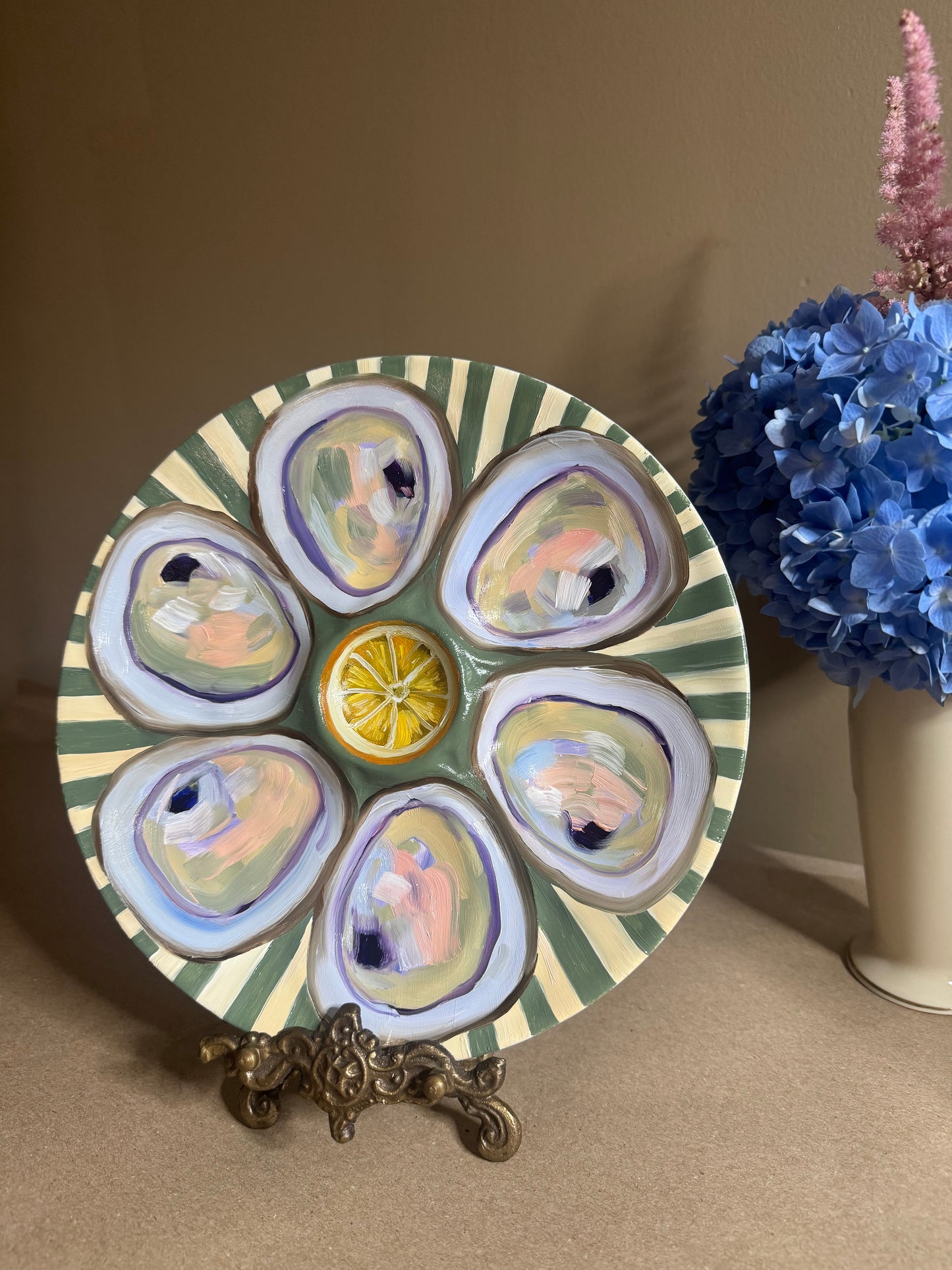 Hand painted lemon center with stripes oyster plate 9”