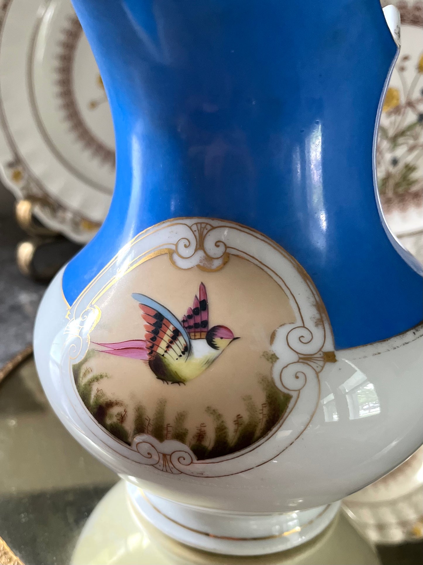 Live 06/29 Rare Old Paris Porcelain Pitcher — Hand-Painted Exotic Bird, Cobalt Blue & Gilt, c. 1850s