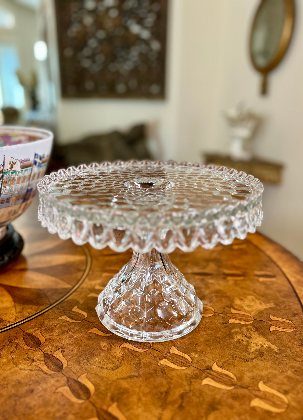Vintage Fostoria American Crystal Pedestal Cake Stand | No. 2056 | 10” Round with Rum Well