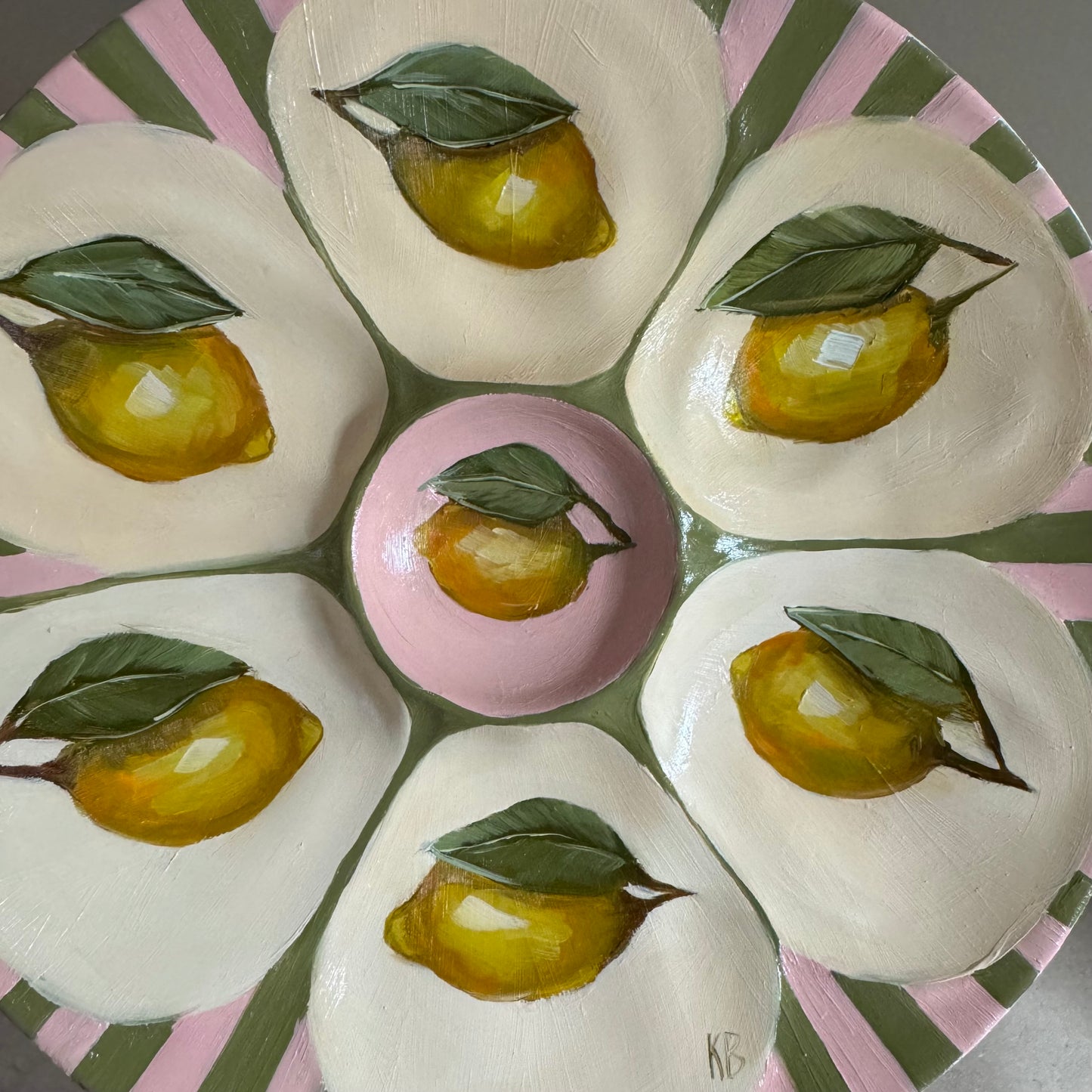 Lemon pink and green stripes oyster plate hand painted