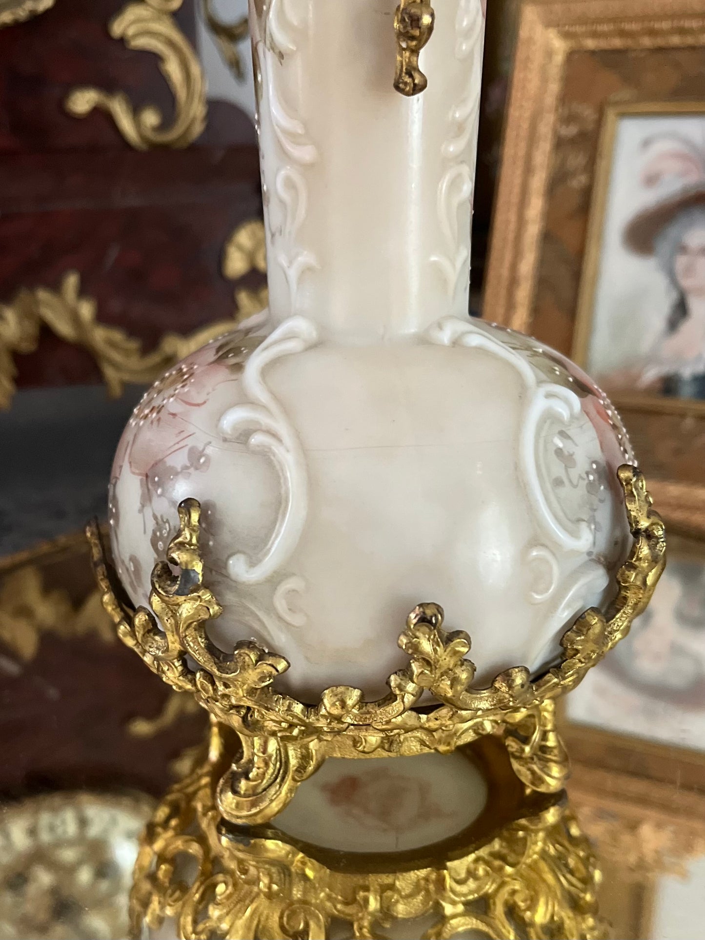 Antique Wavecrest Bud Vase in Gilt Ormolu Mounts — C.F. Monroe, Hand-Painted Wild Roses