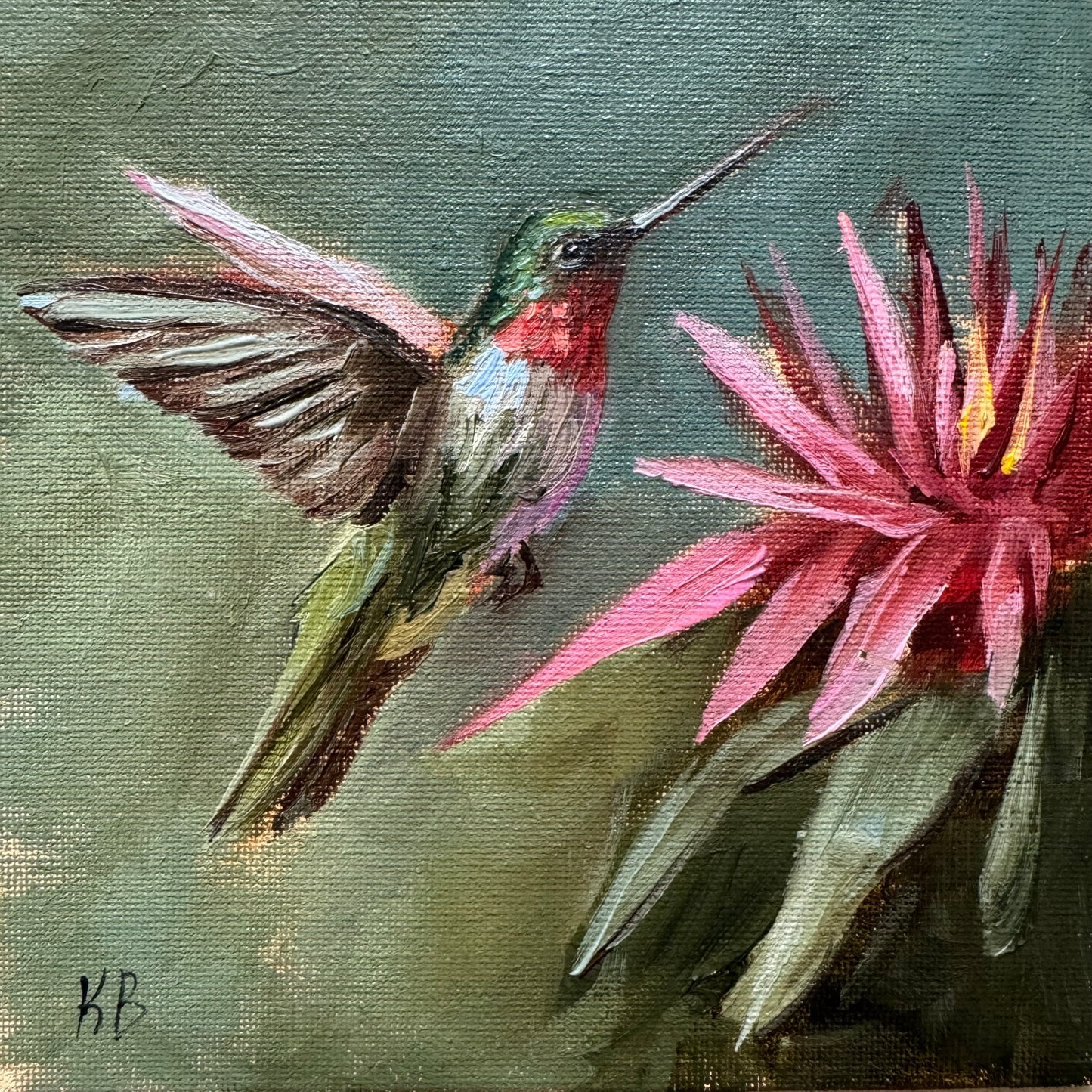 Live 08/11 Hummingbird and pink flower original oil painting framed in wooden gold frame 9.5x9.5”