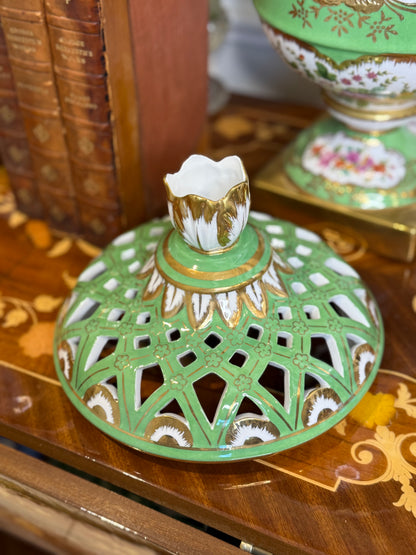 STUNNING - 16” Tall, Chelsea House Green Lattice Porcelain Urn Pair with Domed Covers & Finials