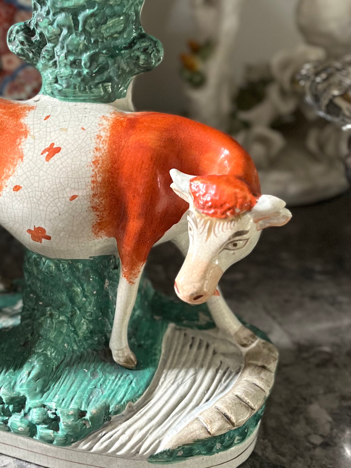 Live 07/28 Rare Antique Staffordshire Cow & Milkmaid Spill Vase | Large Figural Pottery | c.1840–1860 | 10 7/8”H