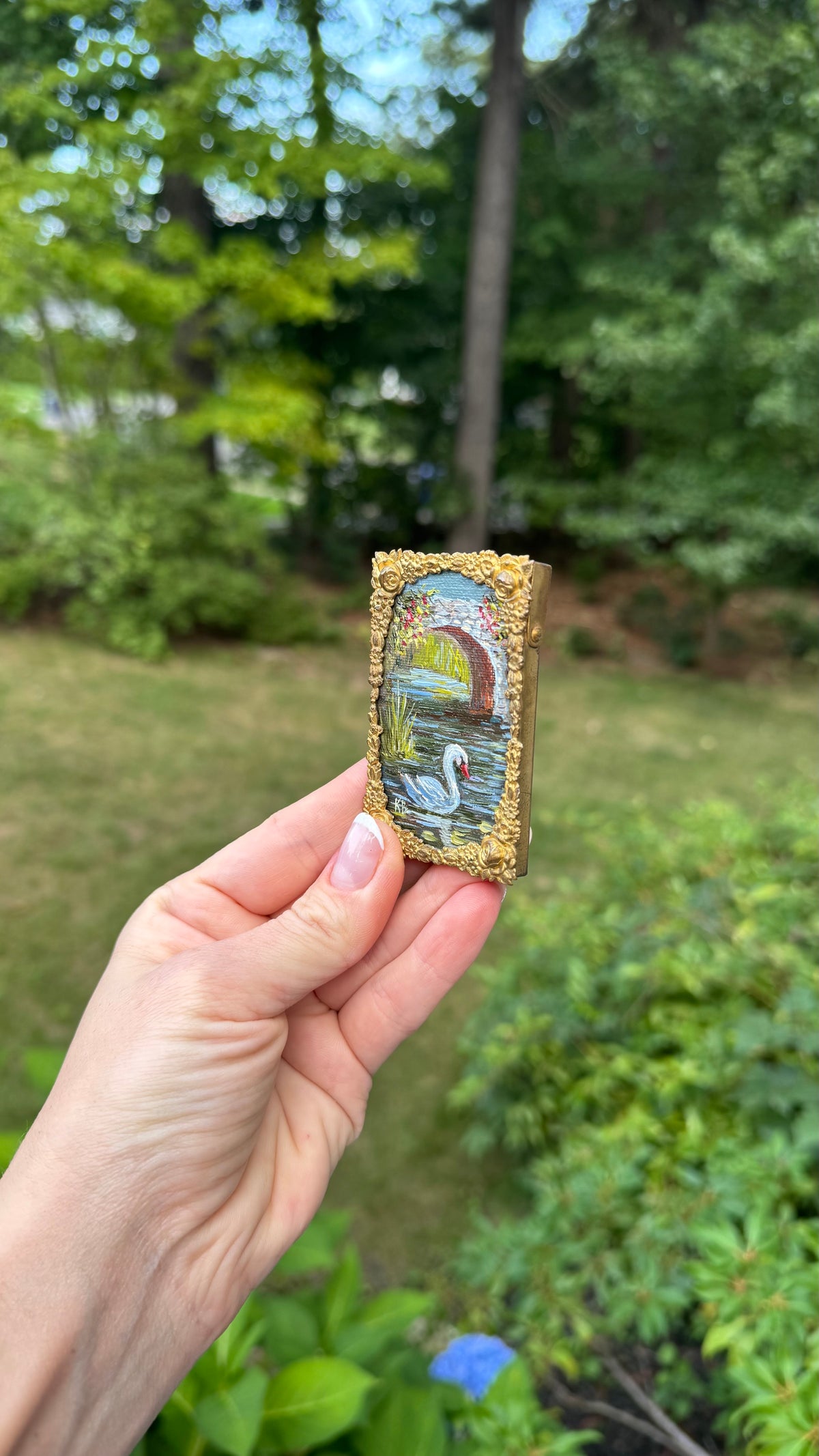Reserved Swan mini oil painting in antique frame
