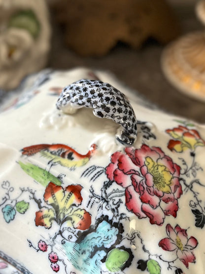 Live 07/28 Stunning Early Ashworth Bros Lidded Vegetable Dish - Footed With Florals/Birds/Contrasting Handles And Trim - Original Ribbon Mark 1860’s