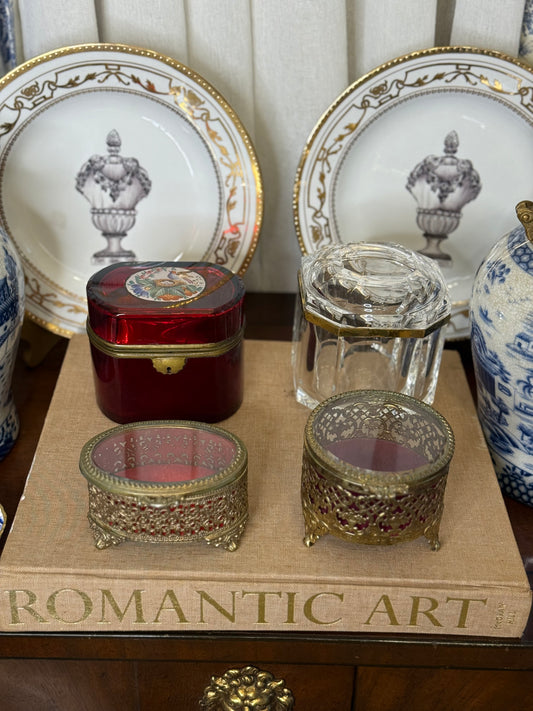 Vintage Ormolu Filigree Jewelry Caskets – Glass Lid & Velvet Lined, Sold Separately
