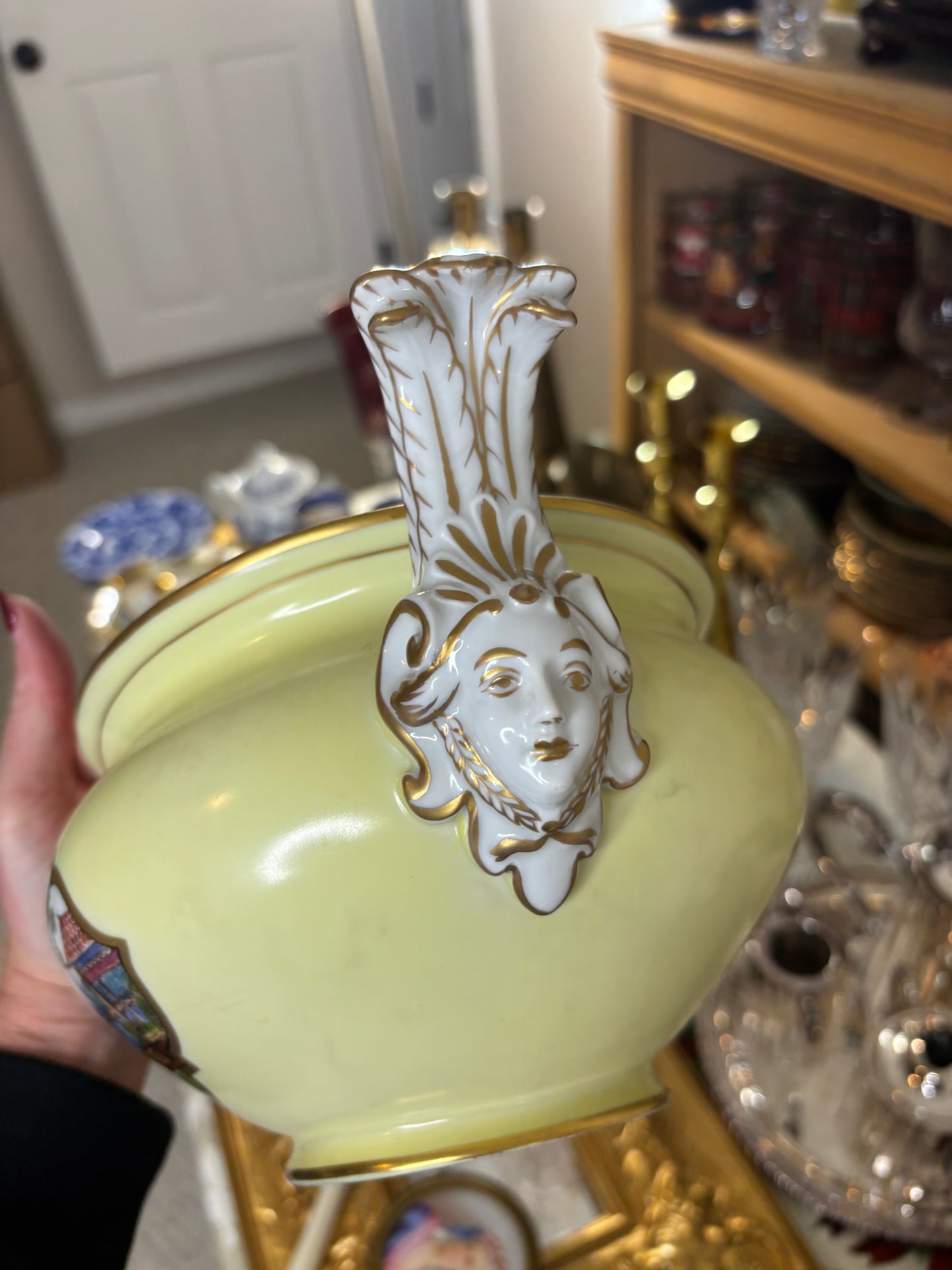 Stunning Dresden lidded tureen with vivid scenes, gold detailing, and lovely handles!