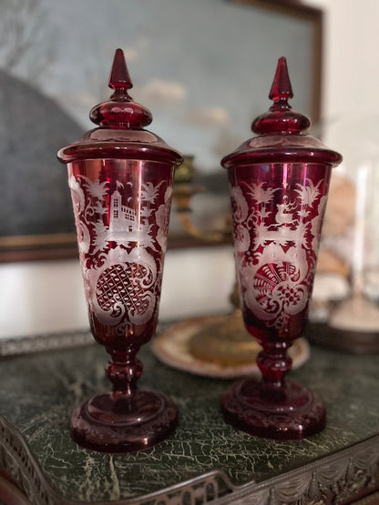 19th Century Continental Ruby Red Cut-to-Clear Lidded Goblets with Landscape Etching, Pair in perfect condition