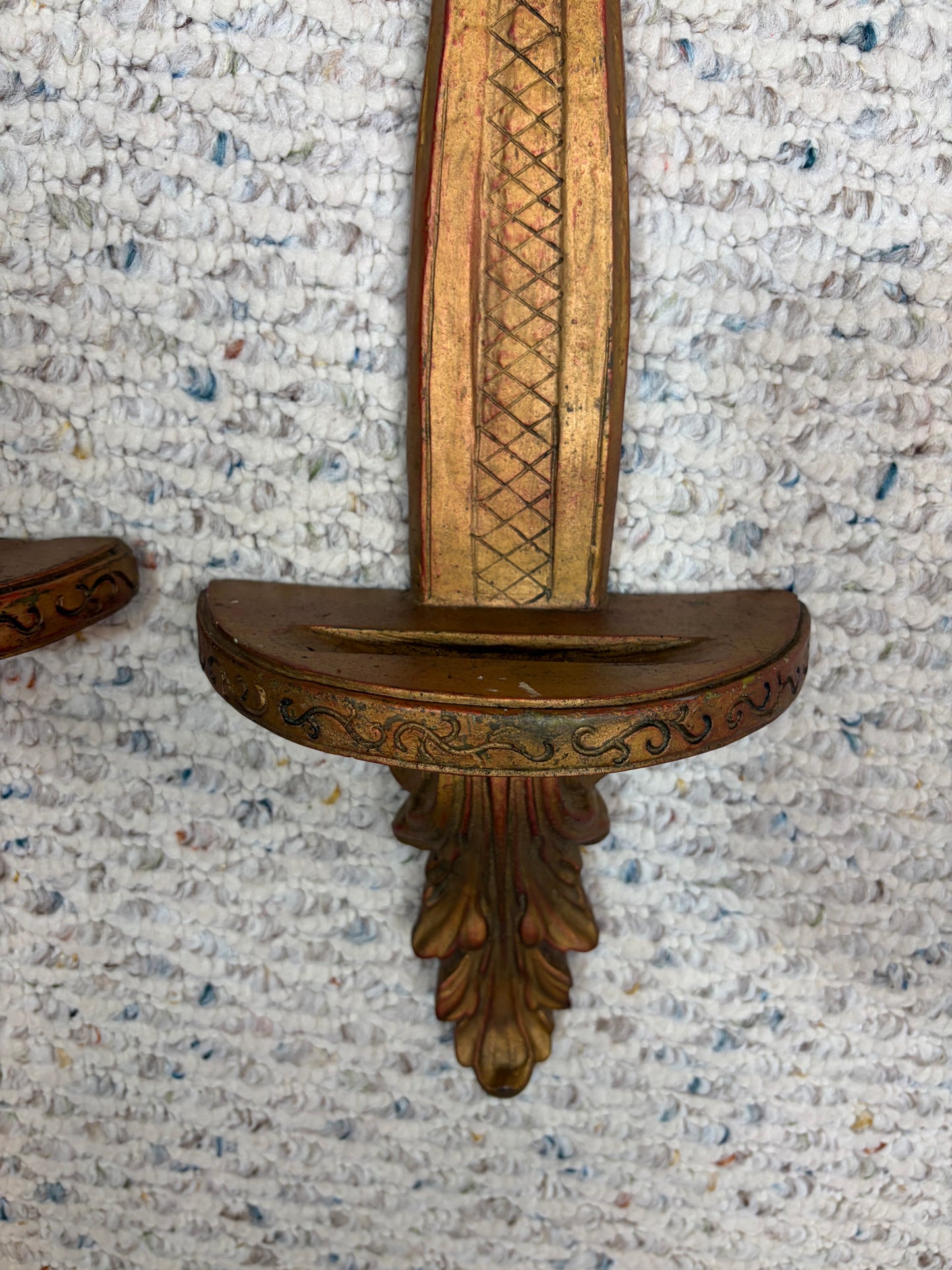 Lovely carved wood wall shelves with plate inserts pair!